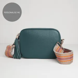 Verona Crossbody Tassel Teal Bag with Orange Aztec Strap