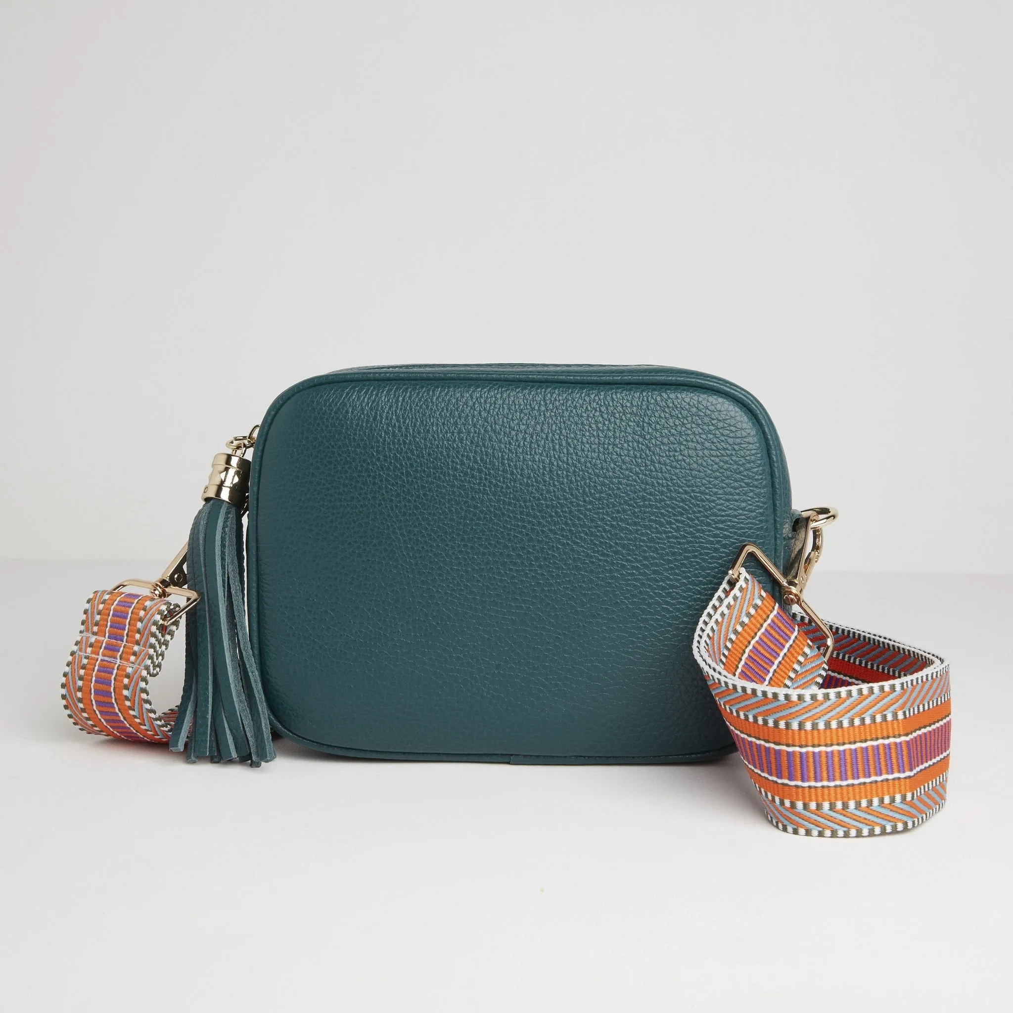 Verona Crossbody Tassel Teal Bag with Orange Aztec Strap