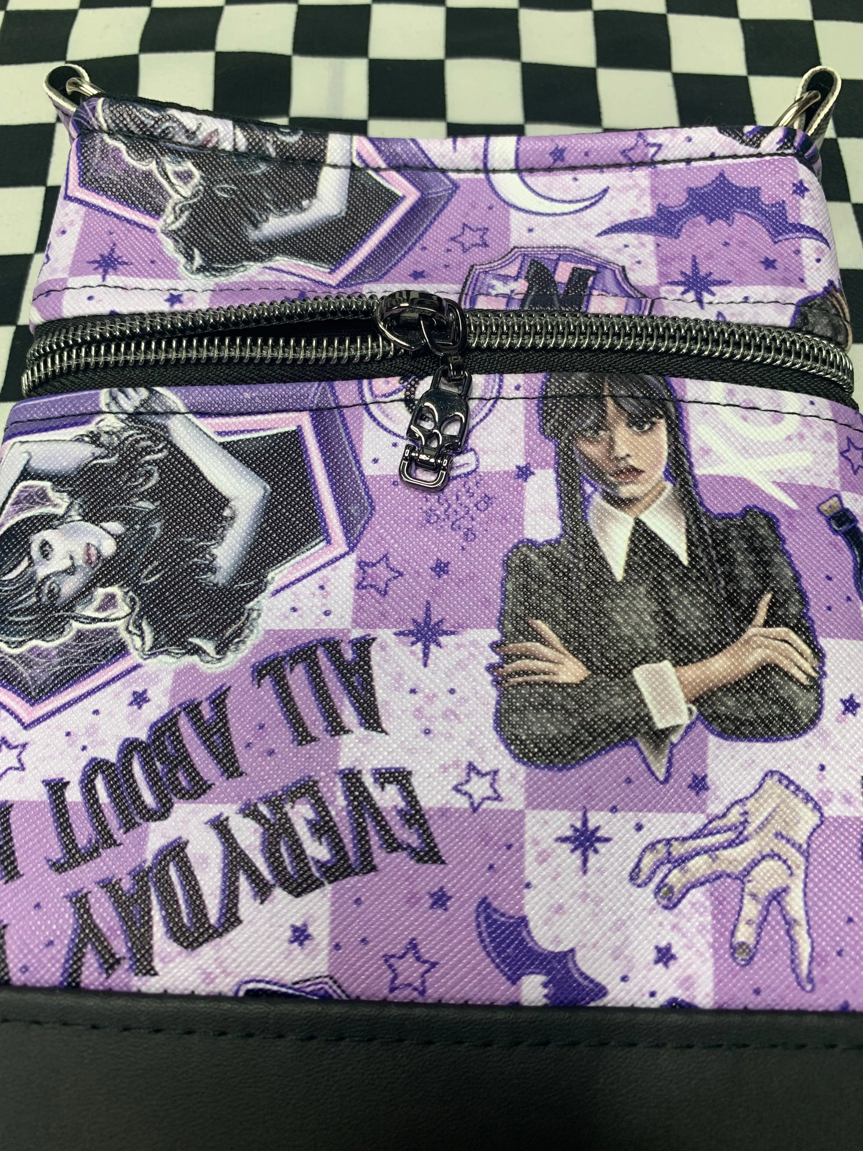 Wednesday character inspired fan art crossbody bag