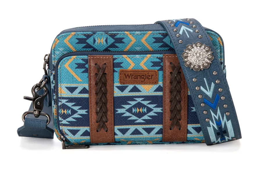 WG2207-3003 Wrangler Aztec Printed Crossbody Purse With Wallet Compartment - Navy