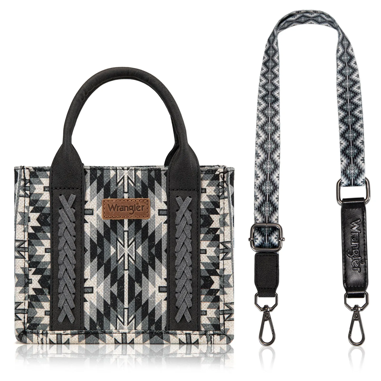 WG2213-8866S  Wrangler Southwestern Pattern Dual Sided Print Mini Tote/Crossbody -BLACK
