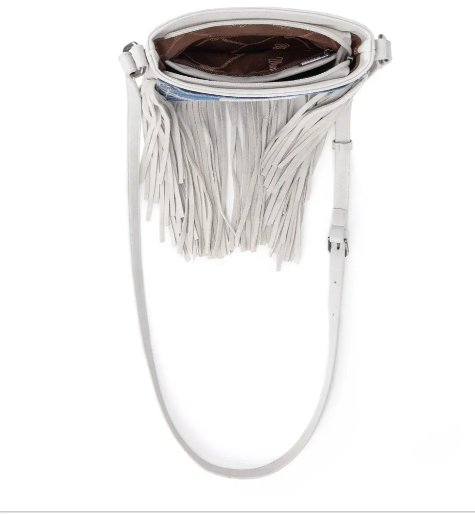 WG44-8360 Wrangler Leather Fringe Jean Denim Pocket Crossbody - White