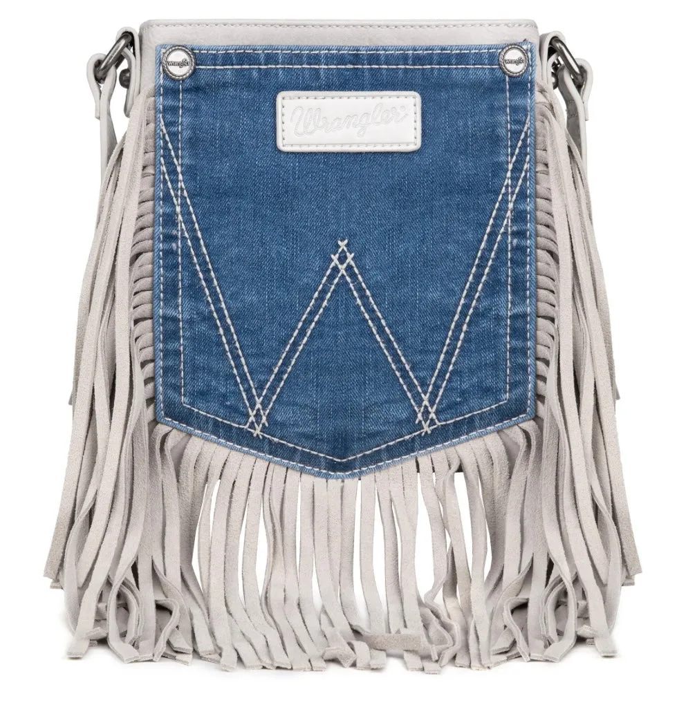 WG44-8360 Wrangler Leather Fringe Jean Denim Pocket Crossbody - White