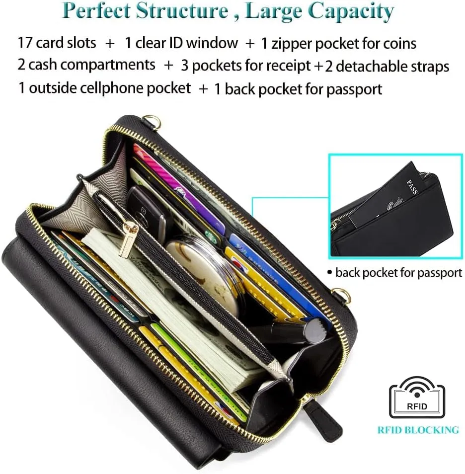 Womens RFID Blocking Wristlet Clutch Wallet, Large Capacity Crossbody